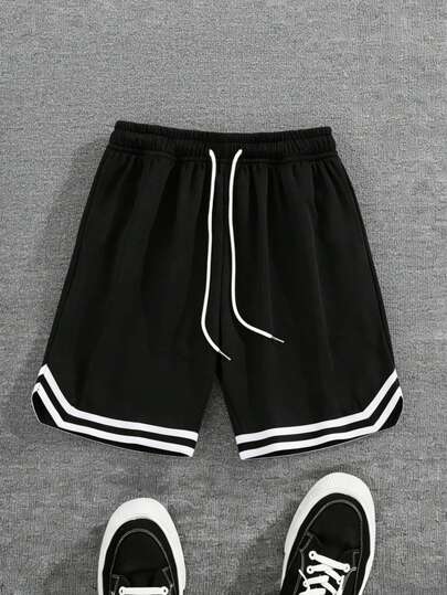 1 pieza Pantalones cortos de hombre de secado rápido y tela transpirable con corte holgado, con parche a rayas negras y blancas en los lados, estilo deportivo casual adecuado para entrenamiento diario, opción cómoda para el verano