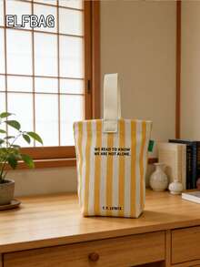 时尚简约条纹图案女士小手提包，休闲帆布小包，轻便可折叠迷你方包，黑色字母个性化设计，可装钥匙、水瓶、手机和个人物品，适合外出、散步和携带宠物。 - 黃色 - 查看 2