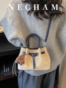 1pc Unique Design Handbag With Pendant, Contrast Color Flap Shoulder Bag, Fabric And PU Material, Suitable For Work, Shopping, Dating And Outings - Blue - View 6