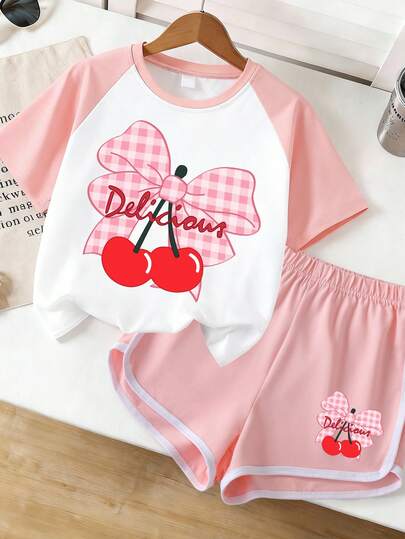 2pcs/Set Girls Cherry Bow Print Round Neck Short Sleeve T-Shirt + Cherry Bow Print Shorts, Cute & Comfortable Summer Outfit