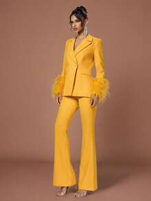 Conjunto de traje de mujer elegante de doble botonadura amarillo con puños y cuello con plumas, manga regular, tela sin estiramiento para ocasiones elegantes - Amarillo - Ver 6