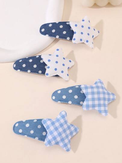 4pcs/Set Girls Plaid, Polka Dot, Star Hair Clips Set, Suitable For Daily Decoration