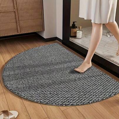 1pc Nordic Style Gray Washed Linen-Like Fabric Doormat, Bathroom Mat, Bathroom Accessories Decor, Semi-Circle Warm Color Rug For Indoor And Outdoor Entrance, Modern Minimalist Textured Entryway Bedroom Luxury Home Decor Carpet, Easy To Install