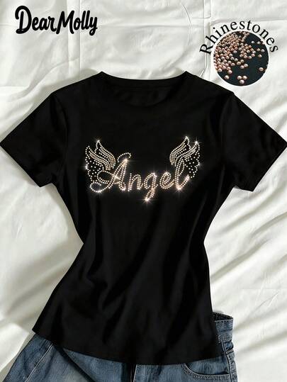 DEAR MOLLY 天使水钻图案女式T恤，闪亮翅膀图案上衣，圆领短袖休闲黑色夏季款