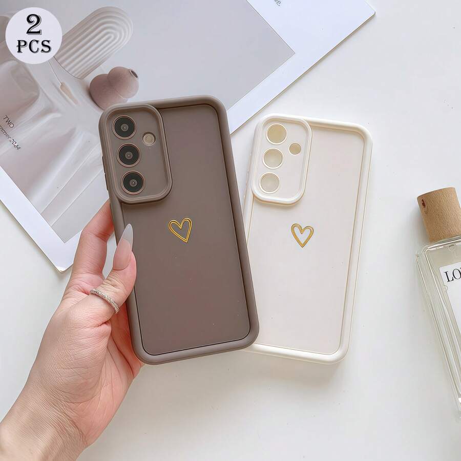 Heart 2pcs Matte Finish Compatible Phone Cases Compatible With Apple 7/8/X/XR/XS Max/11/12/13/14/15/16/17 Pro Max, Galaxy A14/A15/A16/A17/A04/A05/A06/A07/A54/A55/A56/A57/A34/A35/A36/A37/S26/S26 Plus/S26 Ultra, Transsion SMART7/8, G05, Honor 400/400 Pro/400 Lite - Tianyan Coffee + White - View 1