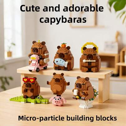 6pcs Cute Capybara Micro Particle Building Blocks, Suitable For Valentine's Day, Easter, Halloween, Christmas, Spring, Wedding Season, Birthday Parties, And Various Festivals. Warm And Healing Desktop Decor, Assembly Helps Relieve Stress, Creative Educational Toy To Improve Children's Hands-On Ability, Recommended As Classroom Rewards, Collectible Item With Gift Box Packaging.