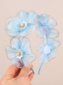 1pc Blue Girls' Mesh Headband With Shiny Floral Pearl Decor, Elegant Hair Accessory For Daily, Party, Gift, Holiday, Wedding, Suitable For Teenagers - Blue - View 4