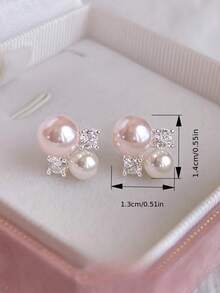 1 Pair French Style Crystal & Faux Pearl Stud Earrings, Versatile Fashion Earrings For Girls - Pink - View 5