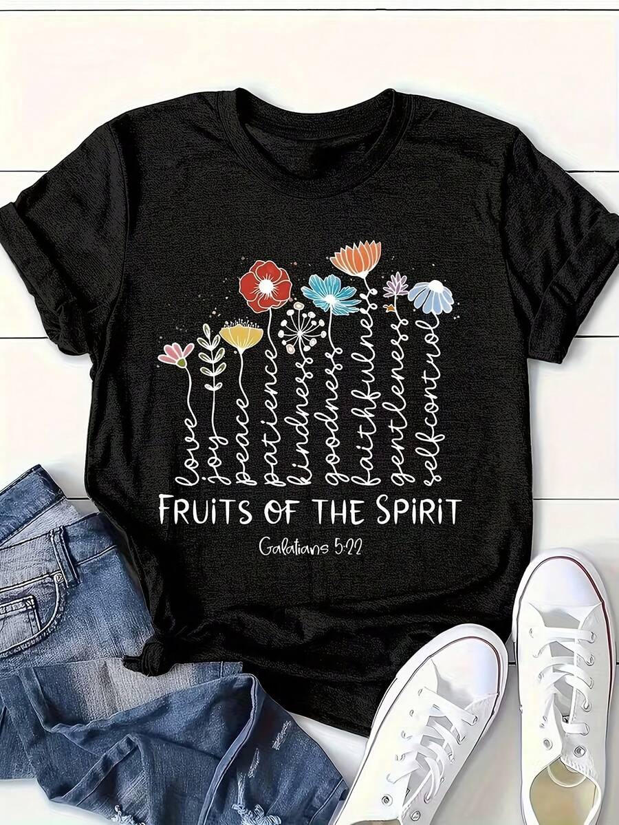 Women'S Fruit Of Spirit Graphic T-Shirt - Casual Crew Neck Short Sleeve Top, Relaxed Breathable Summer Tee, Machine Washable, Shirt For Casual Attire & Family Events - 黑色 - 查看 1