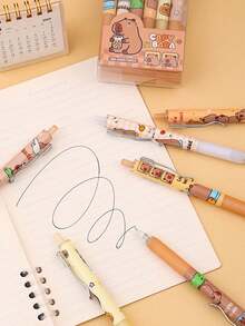 Set de 6 piezas/12 piezas Nuevo bolígrafo retráctil de dibujos animados de capibara, tinta negra, artículo de papelería esencial para estudiantes de vuelta a la escuela - A - Ver 4