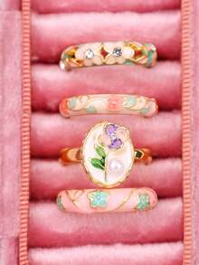 4件套 时尚精致优雅可爱小众设计 水钻花朵珍珠戒指，女士日常节日派对礼物首饰 - 彩色 - 查看 15