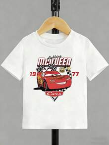 Disney Shining Boy (Double Sided Print): Cars: Lightning McQueen, Themed Cartoon Print, Casual And Simple Short Sleeved T-Shirt, Suitable For Spring And Summer Seasons, Suitable For Boys And Girls To Wear. Festival Gift - White - View 2