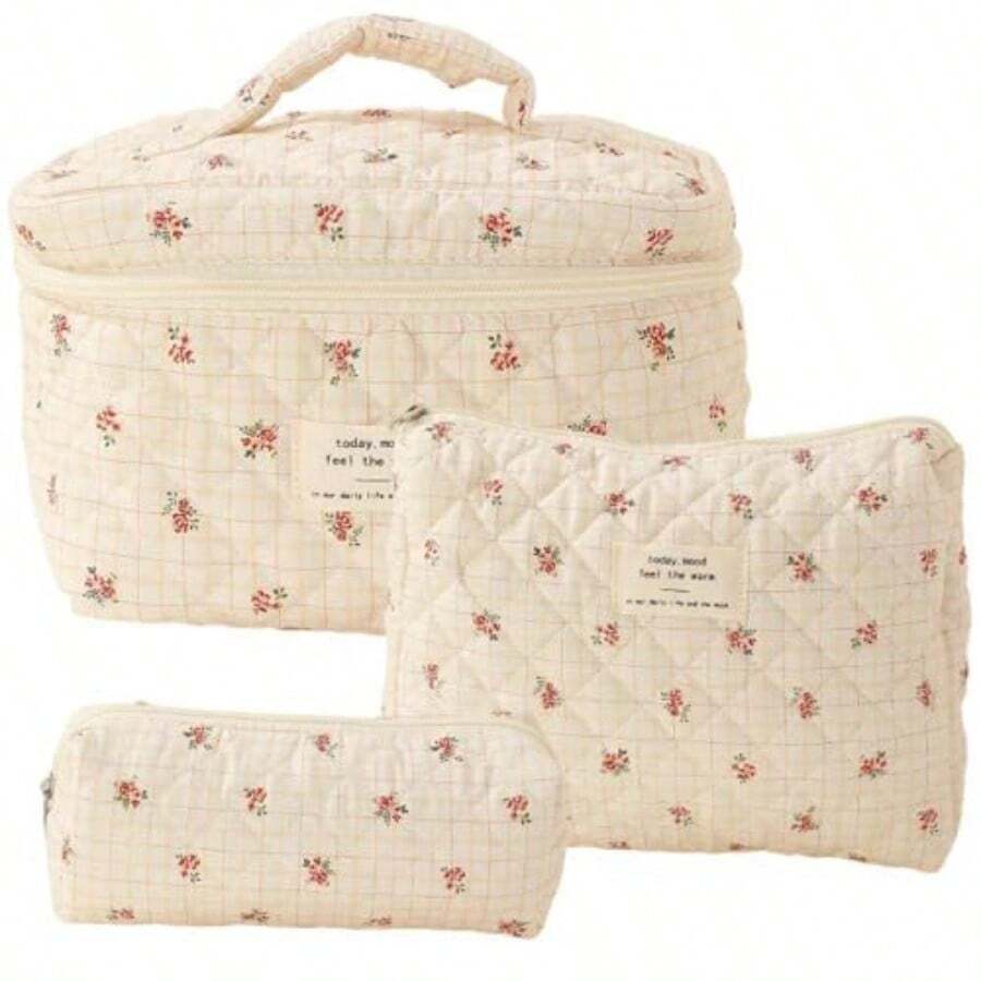 Neceser Floral De Algodón Bolsa De Maquillaje GrandeBolsa De Cosméticos Acolchada Con Asa De Gran Capacidad Bolsa Organizadora De Maquillaje De Viaje Bolsa De Almacenamiento Multifunción - Flor cuadrada - Ver 1
