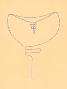 1pc Fashionable & Sexy Double Layer Butterfly Design Waist Chain With Rhinestone, Tassel & Hollow Out Detail For Beach - Silver - View 2