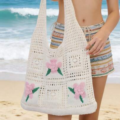 Women's Tote Bag With Dopamine Sweet Elements And 3D Pink Floral Decor, Lightweight Large Capacity Crochet Flower Design, Suitable For Summer Vacation And Shopping