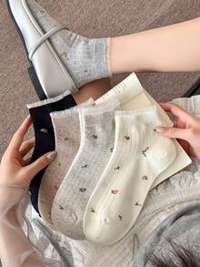 5雙新款女款短踝襪，舒適森林風中筒襪，可愛花卉圖案襪子，適合四季穿著，隨機配色 - 彩色 - 查看 4