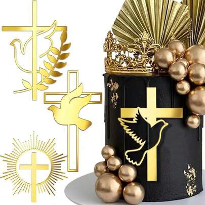 1套圣餐、沐浴、洗礼主题装饰，十字架、信鸽蛋糕、侧面装饰插片、亚克力卡片、节日装饰用品、装饰品和配件