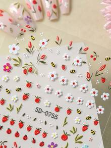 1pc 5D Embossed Floral, Bee, Ladybug, White Flower, Red Fruit Pattern Self-Adhesive Spring Nail Art Stickers, Nail Decor For Women - Multicolor - View 7