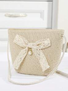 Children's Straw Bag, Cute Girls' Shoulder Crossbody Bag, Beach Woven Bag, Spring/Summer - Lace Bow - View 3