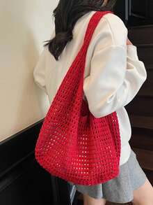 Yogodlns Women's Crochet Aesthetic Design Beach Bag, Woven Net Underarm Bag, Versatile Summer Shoulder Bag, Casual Shoulder Bag For Women, Handbag - 米色 - 查看 5