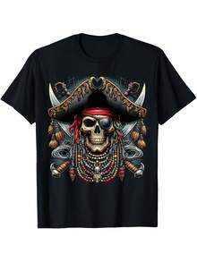 Camiseta con estampado de anime para hombre, diseño de calavera pirata para Halloween - Negra con detalles rojos y dorados - Corte holgado, camisa de disfraz de pirata para adultos para fiestas de Halloween, carnaval, atuendo casual - Camiseta con estampado digital lavable a máquina, ropa de Halloween, atuendo de carnaval, diseño audaz, impresión de alta calidad, camiseta gráfica casual, para asistentes de festivales, tela duradera, camiseta de manga corta, regalo ideal para hombres y mujeres. - Negro - Ver 1