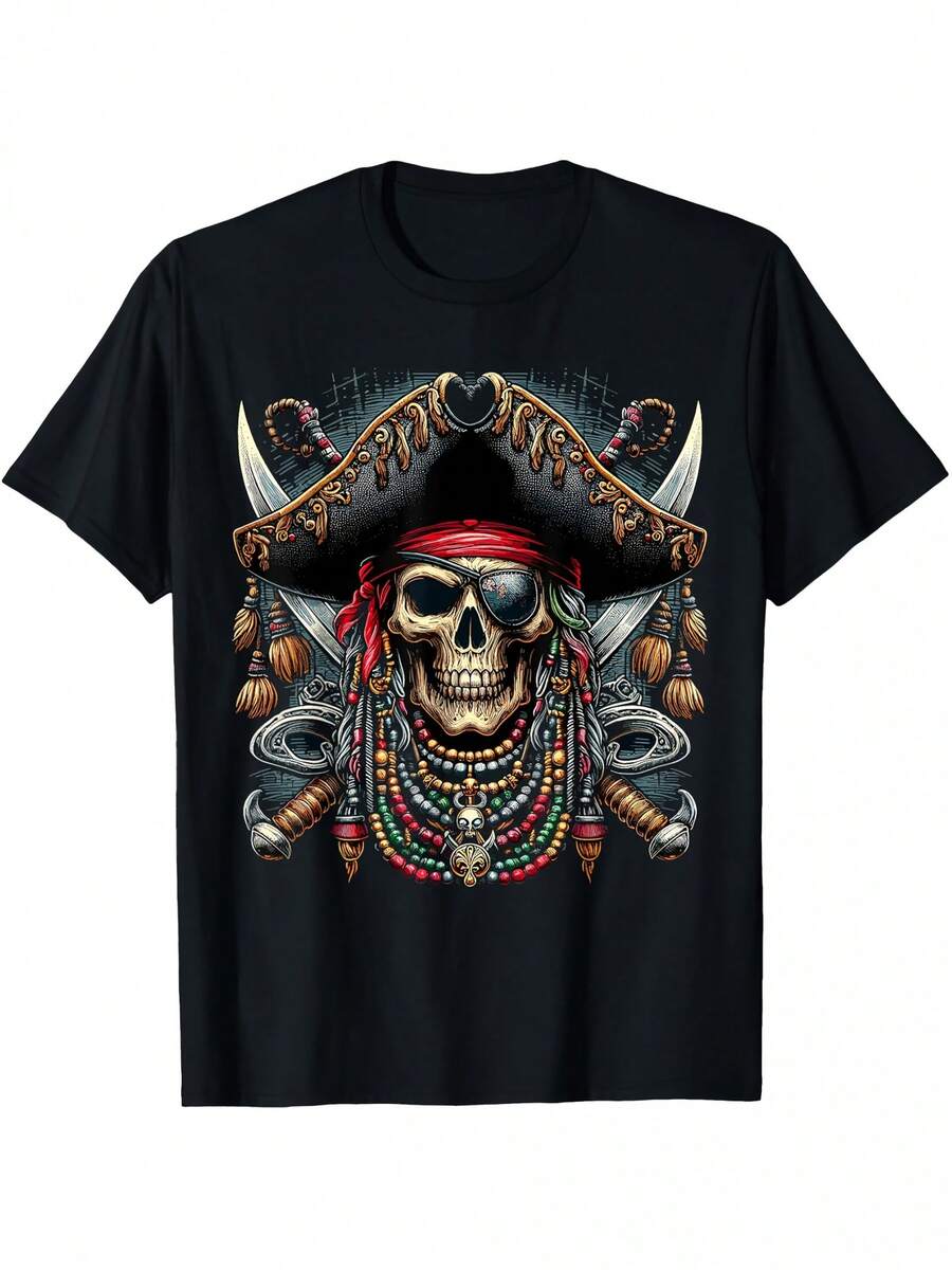 Camiseta con estampado de anime para hombre, diseño de calavera pirata para Halloween - Negra con detalles rojos y dorados - Corte holgado, camisa de disfraz de pirata para adultos para fiestas de Halloween, carnaval, atuendo casual - Camiseta con estampado digital lavable a máquina, ropa de Halloween, atuendo de carnaval, diseño audaz, impresión de alta calidad, camiseta gráfica casual, para asistentes de festivales, tela duradera, camiseta de manga corta, regalo ideal para hombres y mujeres. - Negro - Ver 1