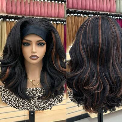 Peluca ondulada Yaki de 18 pulgadas con diadema, adecuada para mujeres, peluca sintética rizada, recta y ondulada de color negro con diadema, estilo natural de blowout