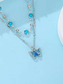 2Pcs/Set Fashionable And Elegant Double-Layer Butterfly Pendant Necklace, Exquisite Luxury Sweet Collarbone Necklace, Women's Everyday Casual Accessory, Holiday Jewelry Gift - Necklace - View 7