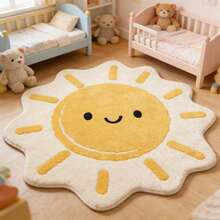1pc Sunny Smiling Face Cartoon Scene Round Area Rug, The Unique Sun-Shaped Outline Enhances The Playful Atmosphere, The Smiling Face Pattern Conveys A Warm Feeling, The Short Plush Skin-Friendly Material Ensures Play, Coordinating With Colorful Toys And Natural Wood Furniture To Create A Lively Ambiance; Decorative Carpet, Bedroom Decor, Small Rug, Carpet, Home Decor, Living Room Rug - Multicolor - View 6