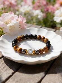 月相能量手链 | 黑碧玺、虎眼石和赤铁矿月相吊坠弹力手链，象征守护、自信和勇气，适合瑜伽冥想佩戴，男女皆宜 - 彩色 - 查看 7