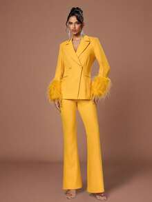 Conjunto de traje de mujer elegante de doble botonadura amarillo con puños y cuello con plumas, manga regular, tela sin estiramiento para ocasiones elegantes - Amarillo - Ver 4