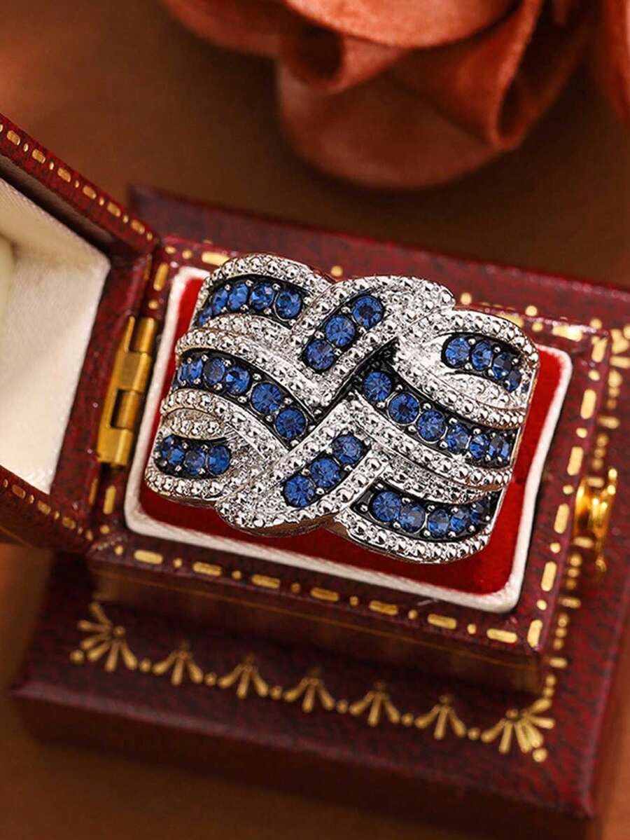 创意蓝色交叉几何戒指，独特设计，女士珠宝礼物 - 白色 - 查看 1