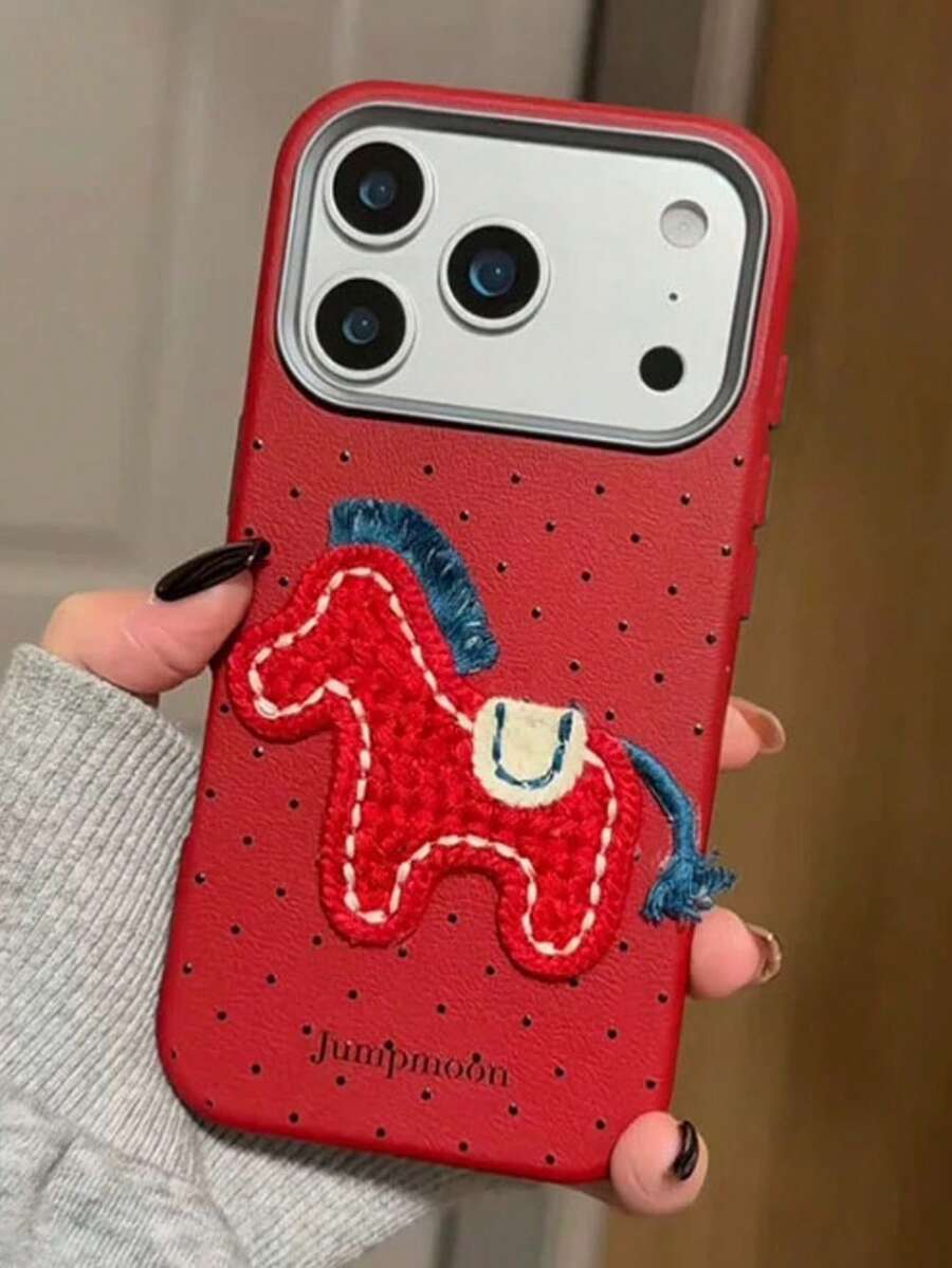 1pc Red Embroidered Pony Polka Dot Leather Phone Case Compatible With Apple IPhone17 IPhone17Promax 16ProMax 16 15 14 13 12 11 15Promax 14Plus 14Pro Phone Covers, Retro Aesthetic Shockproof Cover, Perfect Gift For Girls - Red - View 1