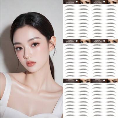 60pcs/6sheets Black 4D Realistic Hair Eyebrow Tattoo Stickers, Waterproof Eyebrow Shaping Stickers Suitable For Women And Girls