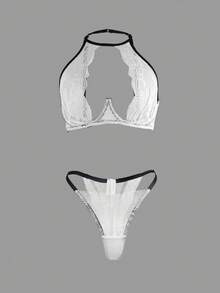 Bộ đồ lót 2 mảnh ren cổ yếm phối trắng đen tương phản - trắng - Xem 6