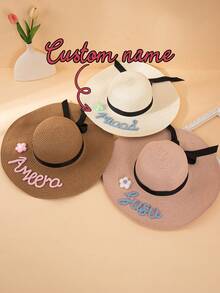 Customizable Name Beach Hat, Adjustable Sun Hat, Wide-Brimmed Summer Hat, Unisex, Cute Y2K Style, Unique Vacation/Beach/Seaside Gift. - Straw Hat With Bow - View 1