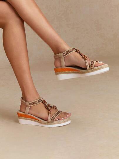 Tropiscape Sandalias de plataforma con cuña para mujer, de estilo bohemio, con tiras trenzadas de yute y cuentas hechas a mano, ligeras y elevadoras, ideales para el verano y uso en exteriores, en color beige