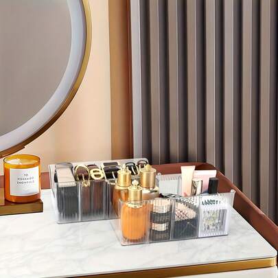 4-Fach Große Kapazität Transparente Kunststoff Aufbewahrungsbox mit Unterteilungen, inklusive 3 abnehmbaren Trennwänden. Schreibtisch Make-up Organizer Box - Hochkapazitäts Multifunktions Aufbewahrungsbox für Gürtel, Kosmetik, Schminkaccessoires