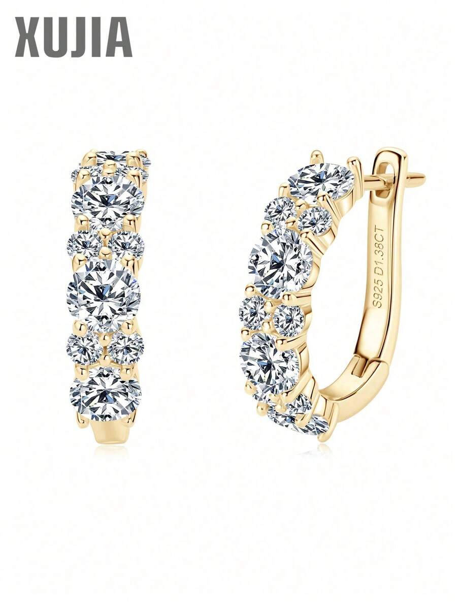 XUJIA 1 Pair (1.38 Carat + 1.38 Carat) Moissanite Earrings, 925 Sterling Silver, 4mm And 2mm Round Cut Moissanite Earrings, Fashion Earrings For Women, Jewelry Gift - Yellow Gold - View 1