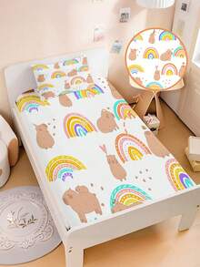 Juego de ropa de cama de 2/3 piezas con estampado de capibara y arcoíris - Sábana ajustable con estampado de dibujos animales con bolsillo profundo y funda de almohada, protector de colchón de microfibra suave antideslizante (se ajusta a cama individual/doble), adecuado para niños, adolescentes, adultos, dormitorio de niños y niñas - Multicolor - Ver 3