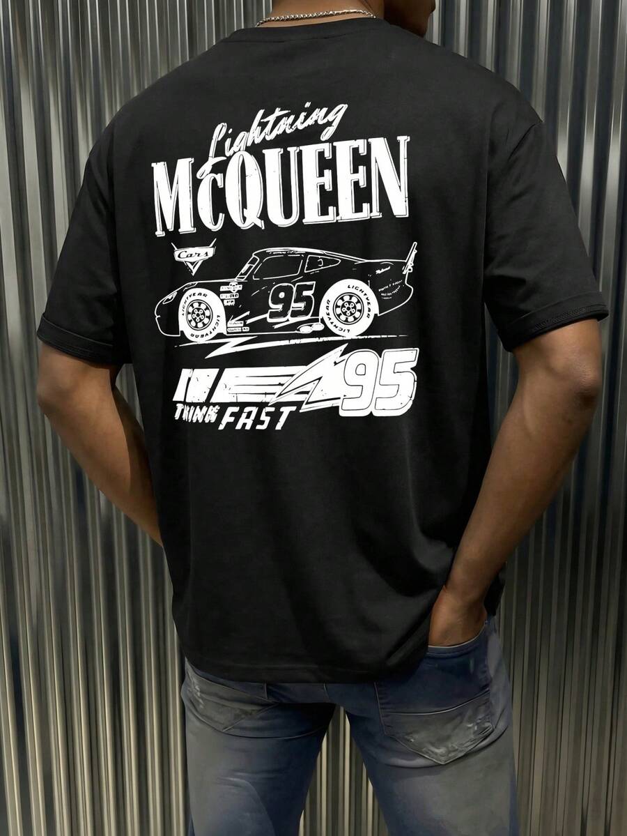 Retro Racing Car T-Shirt With Print #95, Casual Men's Top With Crew Neck, Street Style. - Black - View 1