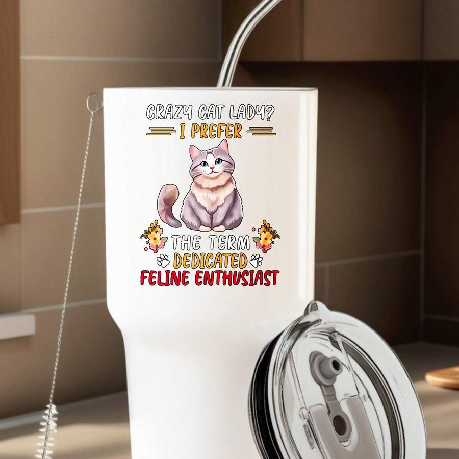30oz Stainless Steel Tumbler Black White Options,  Crazy Lady I Prefer Dedicated Feline Enthusiast Graphic Cups, Insulated Travel Coffee Mug With Lid And Straw , Double Wall Vacuum Reusable Travel Cups, Funny Birthday Party Gift For Women & Men - 白色 - 查看 1