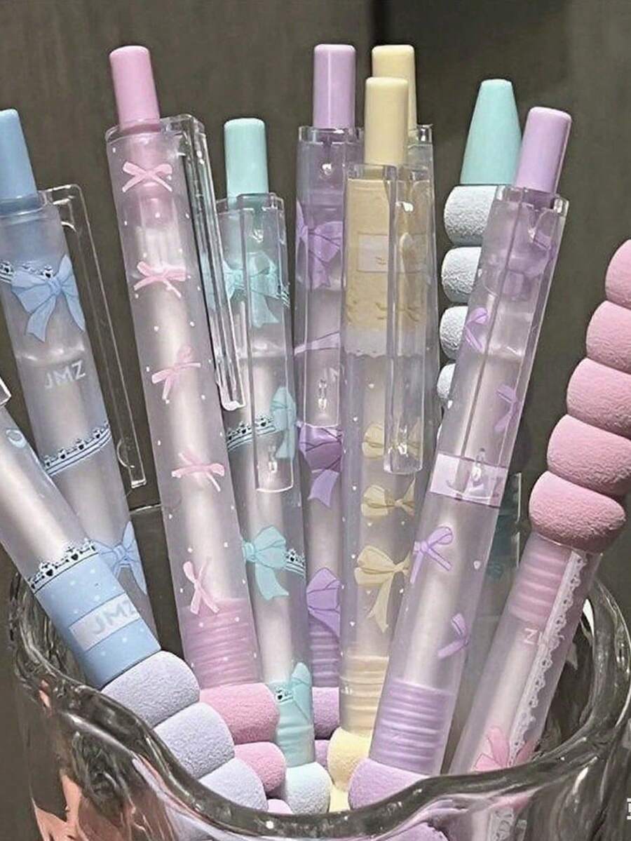 4支可爱蝴蝶结按动笔，高品质速干中性笔，0.5mm黑色墨水，适用于笔记本、考试、办公用品和学生礼物，返校季好礼 - 蝴蝶結綿筆 - 查看 1