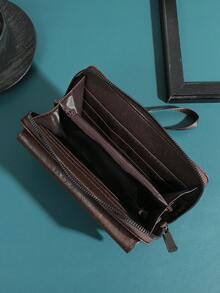 经典棕色纹理男女通用钱包，带双拉链隔层和卡槽，适合商务和日常使用。 - 彩色 - 查看 7