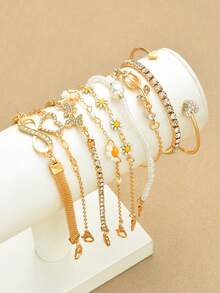 9pcs Fashionable Minimalist Elegant Heart, Flower, Daisy, Bow, Rhinestone Chain Bracelet Set, Suitable For Women, Holiday, Party, Birthday, Daily Wear - Yellow Gold - View 4