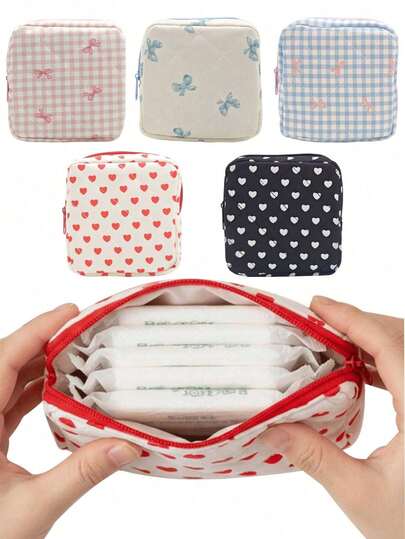 Quilted Bow Sanitary Pad Storage Bag, Mini Cosmetic Bag, Cartoon Zipper Wallet, Tissue Paper Storage Bag, Small Cosmetic Bag, Toilet Paper Storage Bag, Multi-Function Sanitary Pad Storage Bag, Large Capacity Minimalist Portable Bag, Women's Menstrual Products, Used To Store Sanitary Pads, Tampons And Sanitary Napkins, Student Sanitary Pad Storage Bag, Travel Essential Cosmetic Bag, Portable Sanitary Pad And Cosmetics Pouch
