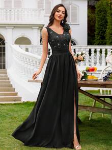 MIUSOL 亮片花卉蕾丝心形领口无袖荷叶边雪纺开衩长款正式派对礼服、晚礼服，适合婚礼宾客、毕业典礼、盛大晚宴等场合，黑色，夏季优雅 - 黑色 - 查看 6