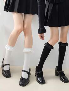 1 Pair Women's Knee-High Socks, Black & White Lace Trim Slimming Leg Socks For Spring/Summer, Versatile Wear With Skirts - Multicolor - View 1