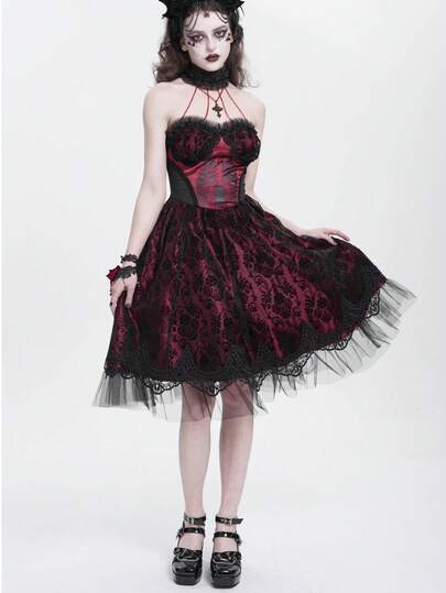 Devil fashion Gothic Skeleton Print Halter Neck Dress, Vintage Lace Mesh Halloween Party Gown