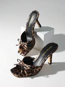 Women Fashion Stiletto Mule Sandals With Bow Mesh Decorative, Open Toe Mesh Breathable Slip-On Summer High Heel Sandals For Daily Party Wedding Wearing - 豹紋 - 查看 1